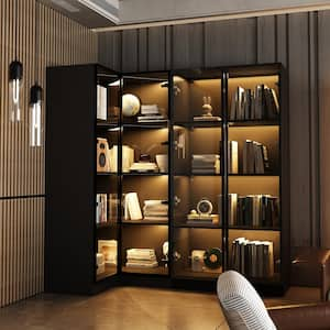 Black Wood 63 in. W Display Cabinet Corner Cabinet with Glass Doors, 3 Colors LED Lights