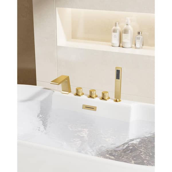 YAWWALK 3-Handle Tub-Mount Roman Tub Faucet with Anti-fingerprint Handheld Shower in Brushed Gold (Valve Included)