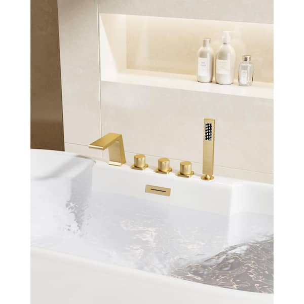 CRANACH 3-Handle Tub-Mount Roman Tub Faucet with Anti-fingerprint Handheld Shower in Brushed Gold (Valve Included)