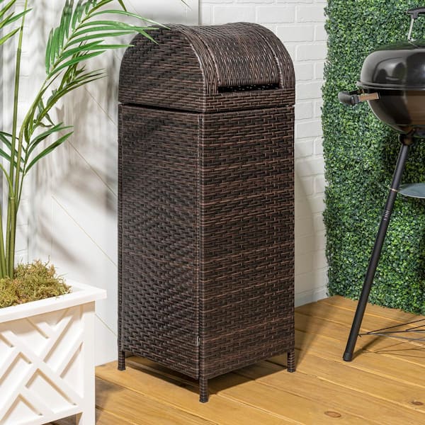 Ellison 31.39 Gal. All-Weather Wicker/Metal Swing Top Lid Hideaway Outdoor Trash Can, Brown