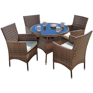 Brown 5-Piece Wicker Round Outdoor Dining Set with Brown Cushions