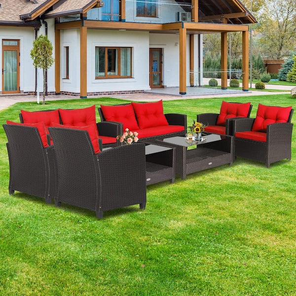 8 -Piece Patio Rattan Furniture Set Glass Table Shelf Sofa Cushion Red