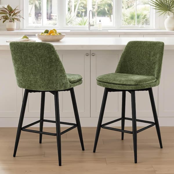 Cozyra 27.2 in. H Moss Green 360° Swivel  Metal and Wood Frame Bar Stool with Fabric Seat, Set of 2, for Dining Room