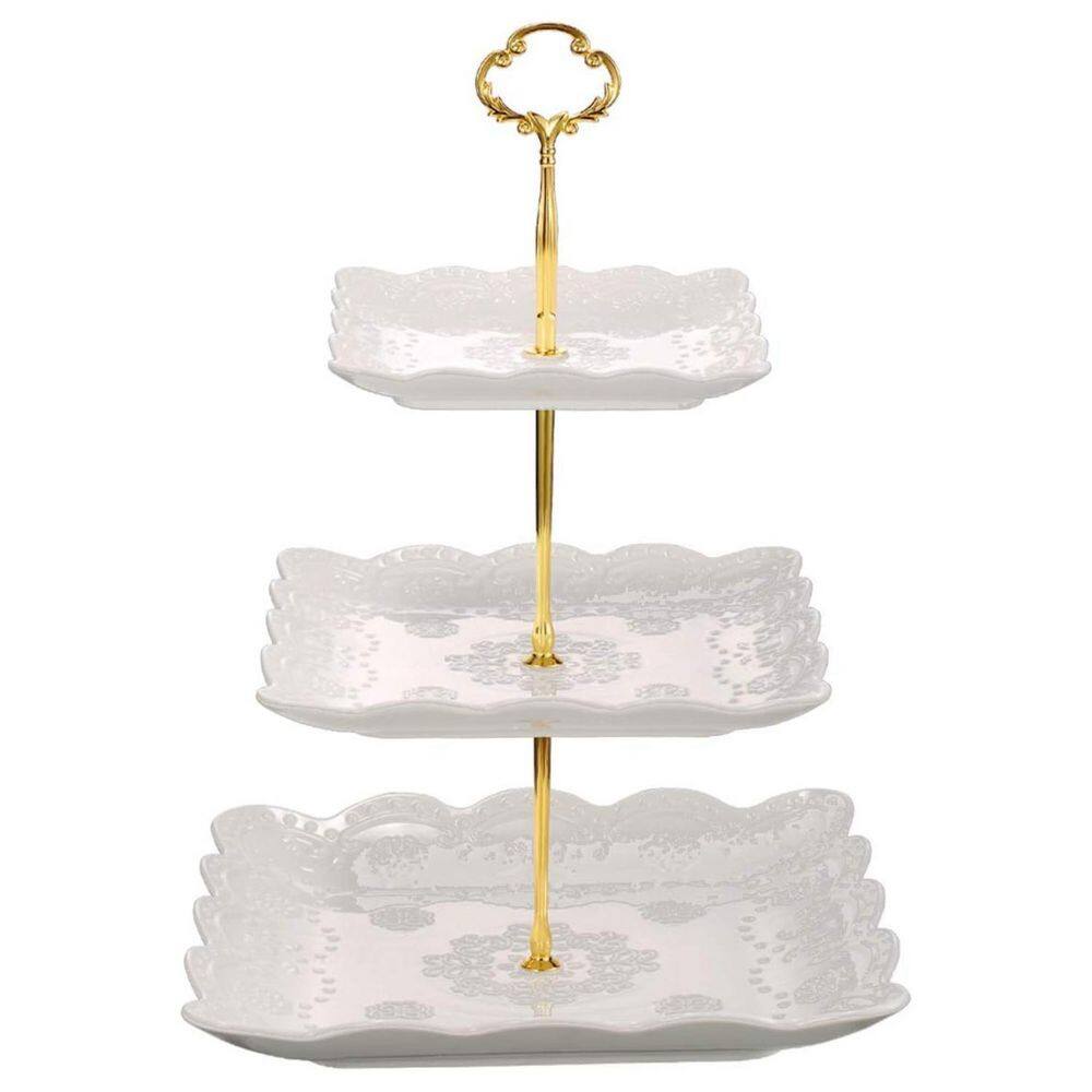 3 Tier White Porcelain Cake Stand Square Embossed Dessert Stand, Weddings Parties Pastry Serving Tray price history on PriceWatchPro