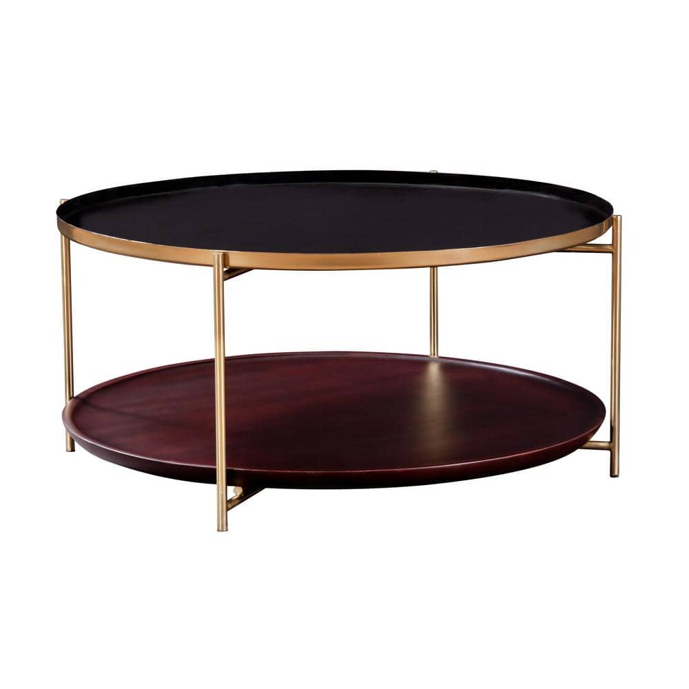 Stevie 36" Black Enamel and Bronze Metal Round Coffee Table with Cherry Wood Shelf