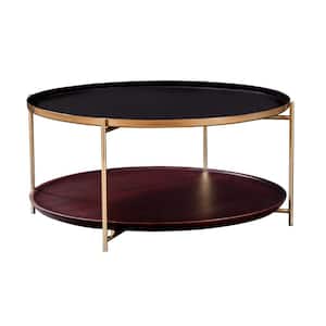 Stevie 36 in. Black, Cherry and Bronze Round Enameled Tray Top Coffee Table with Shelf Storage
