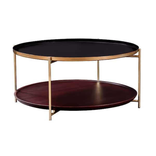 Stevie 36 in. Black, Cherry and Bronze Round Enameled Tray Top Coffee Table with Shelf Storage