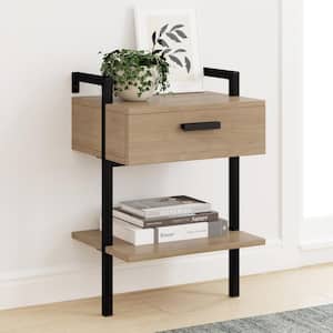 Jenny 1-Drawer Oak/Black Rustic Wall Mount Nightstand with Drawer Storage Shelf and Metal Frame 18 in. x 27 in. x 15 in.