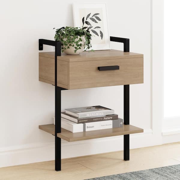 Nathan James Jenny 1-Drawer Oak/Black Rustic Wall Mount Nightstand with Drawer Storage Shelf and Metal Frame 18 in. x 27 in. x 15 in.