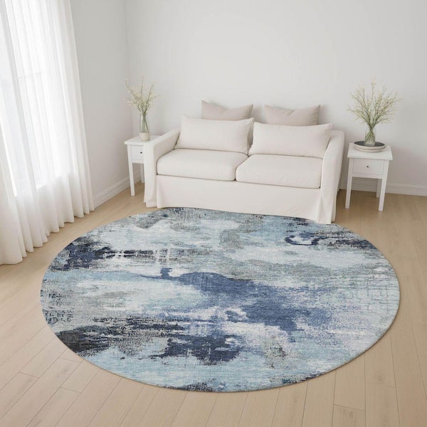 Mayfield Premium Machine Washable Abstract AMF1738 Blue 8 ft. x 8 ft. Round Rug