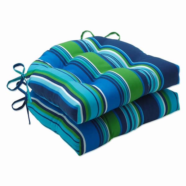 Pillow Perfect Striped 17.5 x 17 Outdoor Dining Chair Cushion in Blue/Green/White (Set of 2)