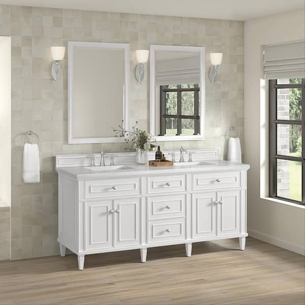 James Martin Vanities Lorelai 72.0 in. W. x 23.5 in. D x 34.06 in. H Double Bathroom Vanity in Bright White with Arctic Fall Solid Surface Top