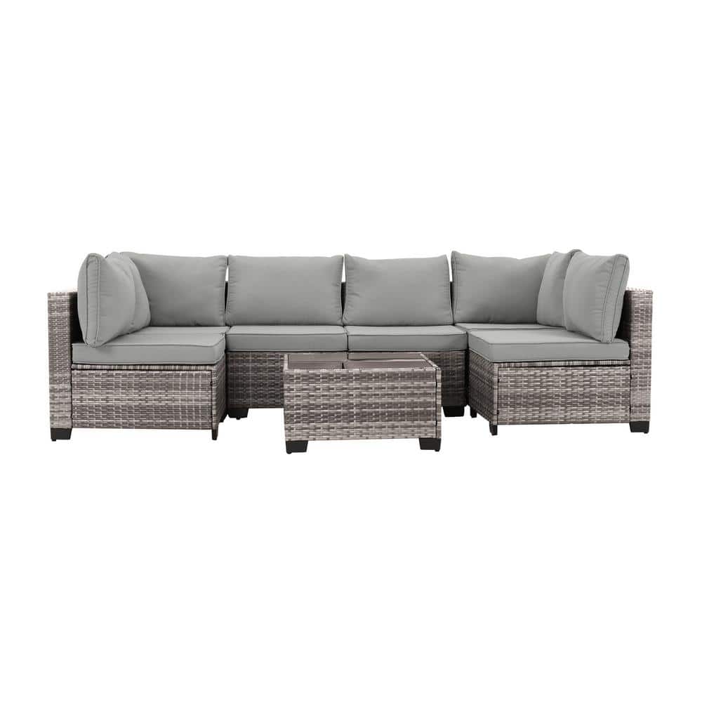 7-Piece Grey Wicker Rattan Patio Outdoor Furniture Sectional Set, Sofa with