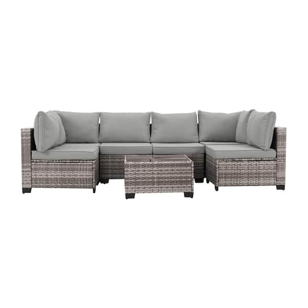 Unbranded 7-Piece Grey Wicker Rattan Patio Outdoor Furniture Sectional Set, Sofa with Grey Cushions and Table
