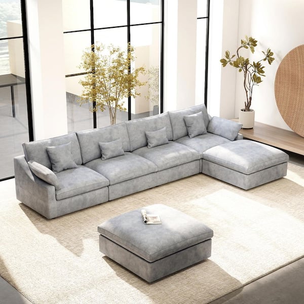 Magic Home 156 in. Flared Arm Down Filled Plush Linen Modular Sectional Cloud Couch Sofa with Ottoman, Washable Cover in. Gray