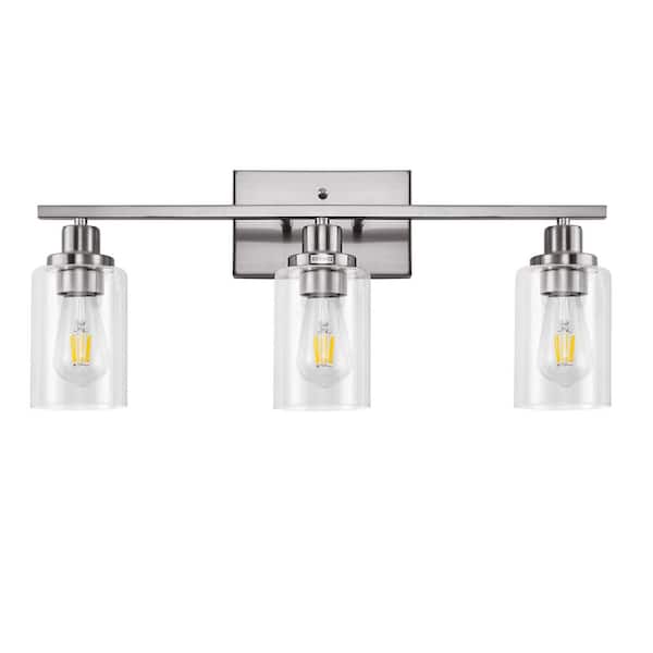 24 in. 3-Light Brushed Nickel Vanity Light Fixtures for Bathroom with Clear Glass Shades for Powder Room Dressing Room