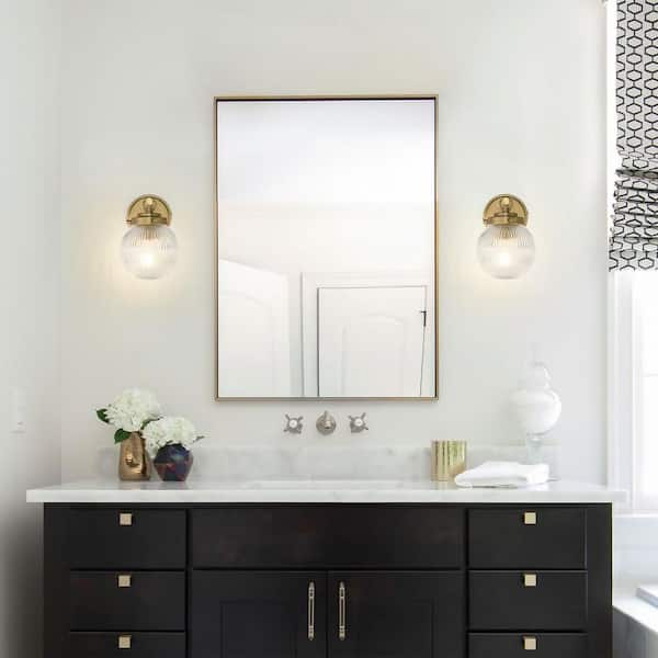 5.91 in. 1-Light Brushed Gold Vintage Industrial Wall Sconce Lighting Fixture with Round Clear Globe Ribbed Glass Shade