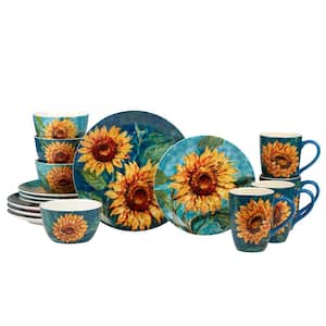 Golden Sunflowers 16-Piece Multi-Colored Earthenware Dinnerware Set (Service for 4)