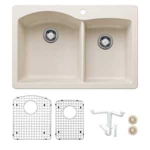 Diamond 33 in. Drop-in/Undermount Double Bowl Soft White Granite Composite Kitchen Sink Kit with Accessories