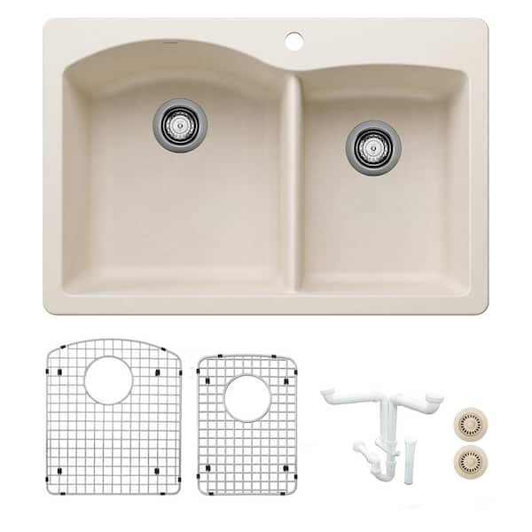 Diamond 33 in. Drop-in/Undermount Double Bowl Soft White Granite Composite Kitchen Sink Kit with Accessories