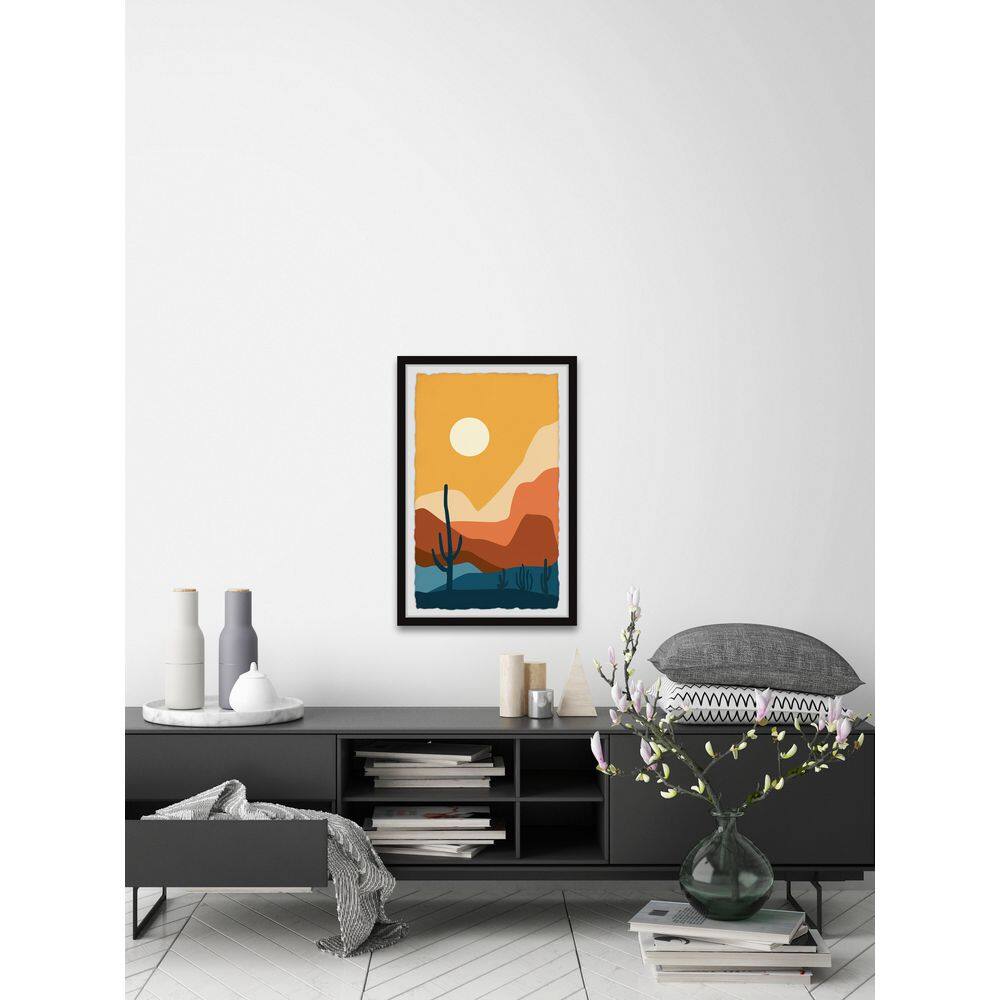 Desert Landscape Print with Cacti and Sun in Black Frame