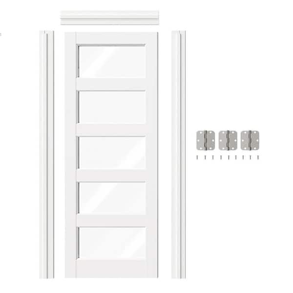 32 in. x 80 in. 5 Lite, Clear Glass, White Primed, MDF Prehung Interior Door Right-Handed with Door Jamb and Hardware