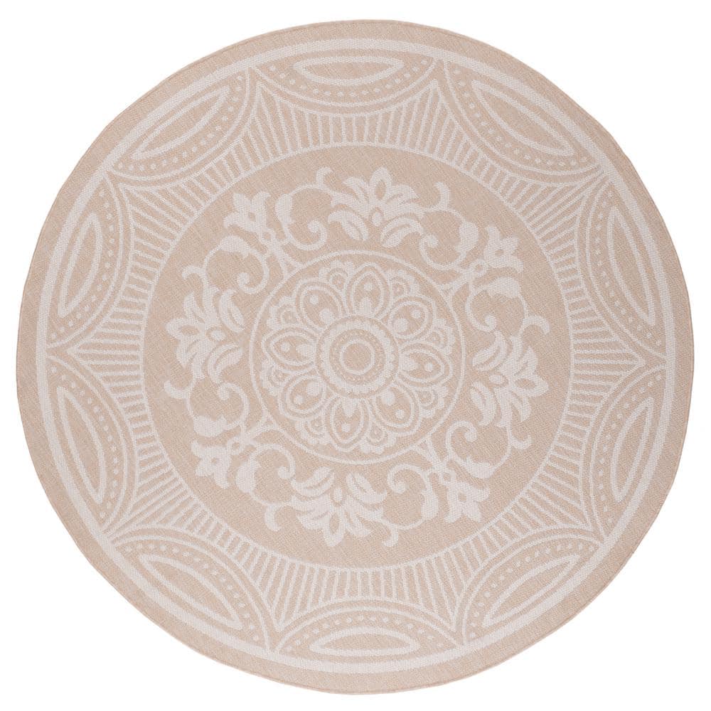 Beverly Rug Waikiki Beige/White 7 ft. Round Medallion Indoor/Outdoor Area Rug Beverly Rug indoor outdoor rugs are available in various sizes; 4 ft. x 6 ft. area rug (3 ft. 11 in. x 5 ft. 11 in.), area rug 5 ft. x 7 ft. (5 ft. 3 in. x 7 ft.), 6 ft. x 9 ft. area rugs (6 ft. 7 in. x 9 ft.), large area rug 8 ft. x 10 ft. (7 ft. 10 in. x 10 ft.) and 6 ft. 7 in. circle rug. You can use our non-shedding rugs wherever needed; either indoors such as living room, dining room, laundry room, bedroom, hallway, children playroom, or outdoors such as deck, patio, pool side, picnic, beach, garage, or guest lounges. These fade resistant indoor rugs has UV protection and offer environment protection with their eco-friendly and breathable material. The vibrant colors will not fade in the sun. Ideal for high traffic areas. With natural color options of beige, blue, grey and dark grey, this beautiful medallion area rug is perfect fit for your vintage decor. Color: Beige/White.