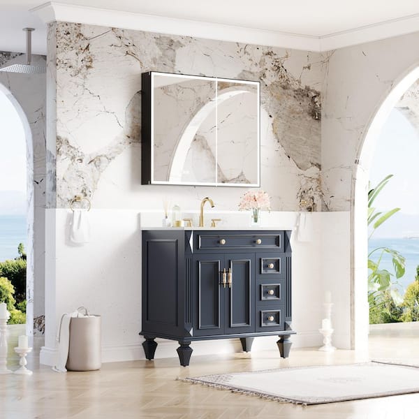 Combo 36 in. Single Sink Solid Wood Freestanding Navy Bath Vanity with Carrera White Quartz Top Assembled, with Cabinet