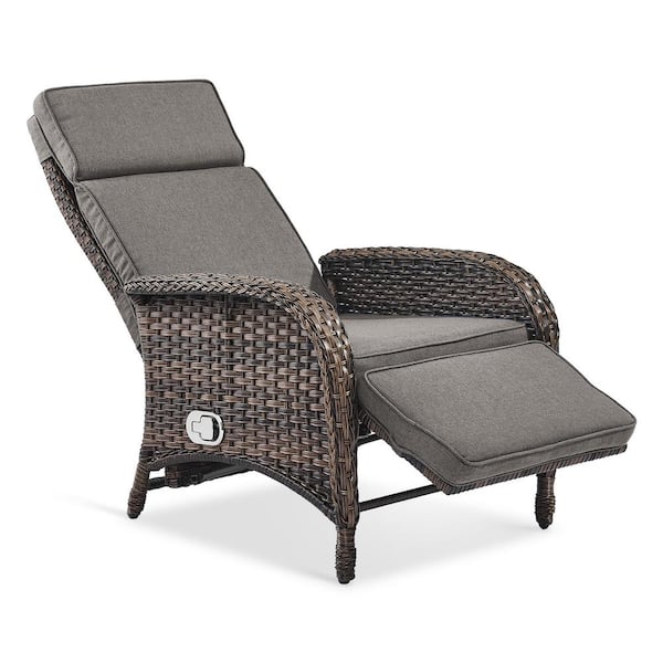 Carlos Brown Wicker 1-Piece Outdoor Chaise Lounge Chair, Patio Adjuestment Recliner with Gray Olefin Soft Cushion