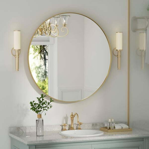 PAIHOME 18 in. W x 18 in. H Small Round Mirror Metal Framed Wall Mirrors Bathroom Vanity Mirror Decorative Mirror in Gold