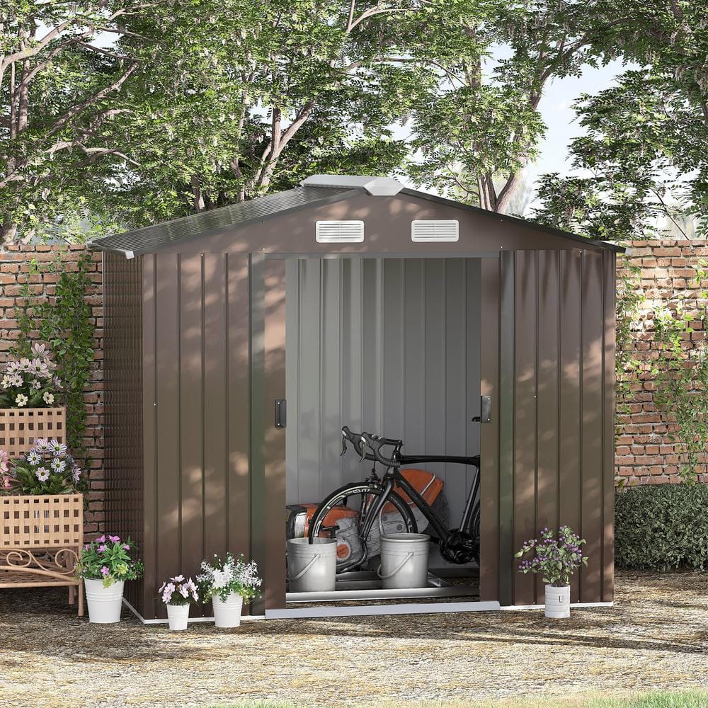 Brown Metal Outdoor Storage Shed with Windows and Sliding Doors