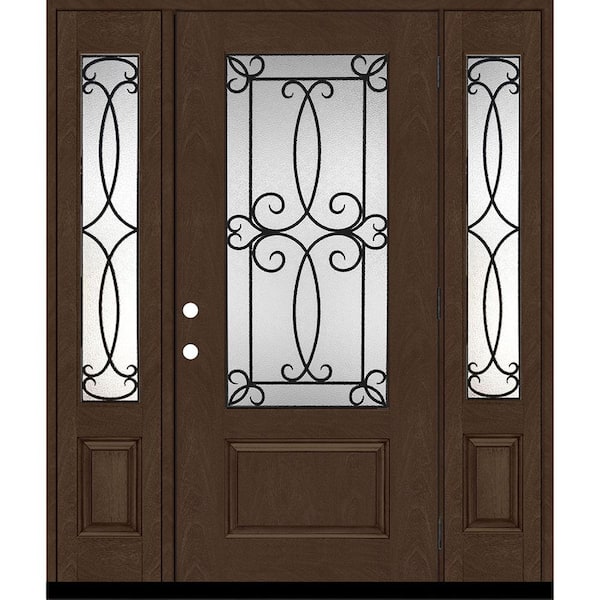 Steves & Sons Regency 68 in. x 80 in. 3/4Lite Georgian Decorative Glass LHOS Hickory Mahogany Fiberglass Prehung Front Door w/14in.SLs