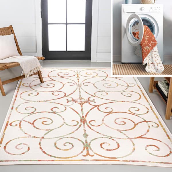 JONATHAN Y Danae Classic Cottage Filigree Scroll Reversible Machine-Washable Cream/Terra 5 ft. x 8 ft. Indoor/Outdoor Area Rug