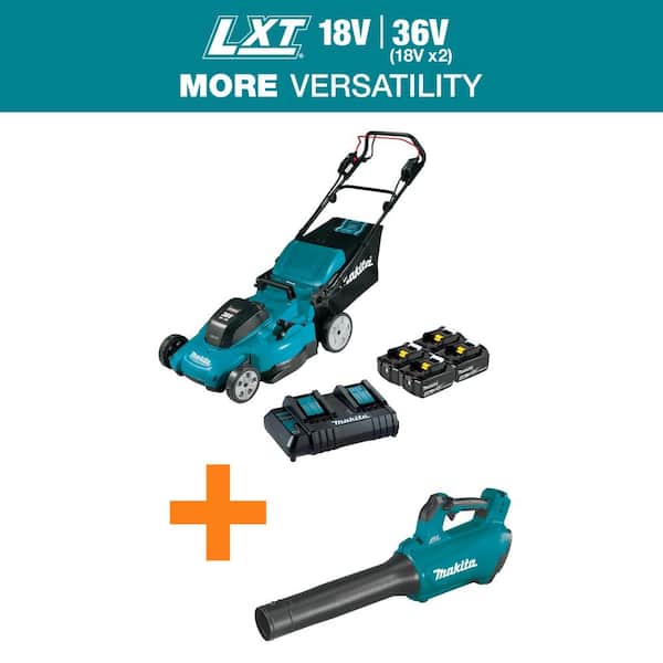18V X2 (36V) LXT Cordless 21 in. Lawn Mower Kit & 4 batteries (5.0Ah) with 18V Brushless Cordless Blower