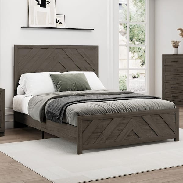 JEAREY Farmhouse Classic Design Walnut Brown Wood Frame Queen Size Panel Bed