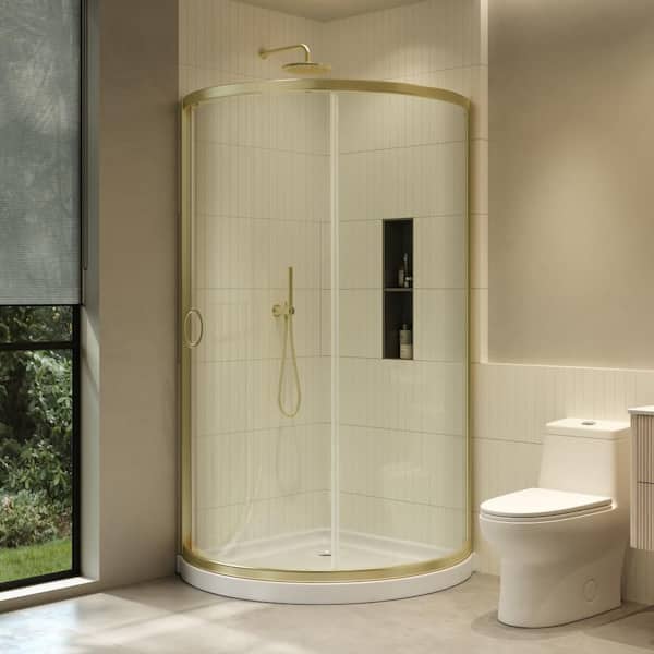 Breeze 44 in. L x 44 in. W x 77 in. H Corner Shower Kit with Sliding Framed Door and Base with Corner Drain in Gold