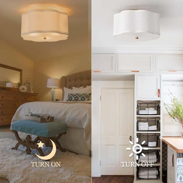 12.5 in. Cream White Fabric Drum LED Flush Mount Ceiling Light Fixture for Nursery, Kids Room (Bulbs Not Included)-3 E26