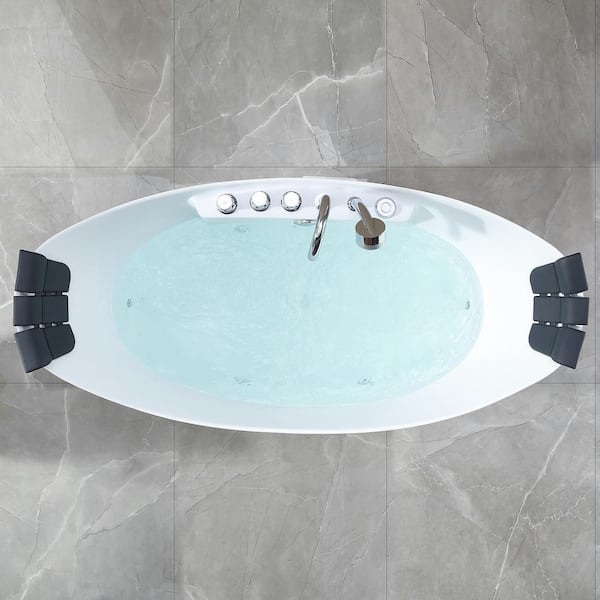 Luxury 59 in. Center Drain Acrylic Freestanding Flatbottom Whirlpool Bathtub in White with Faucet