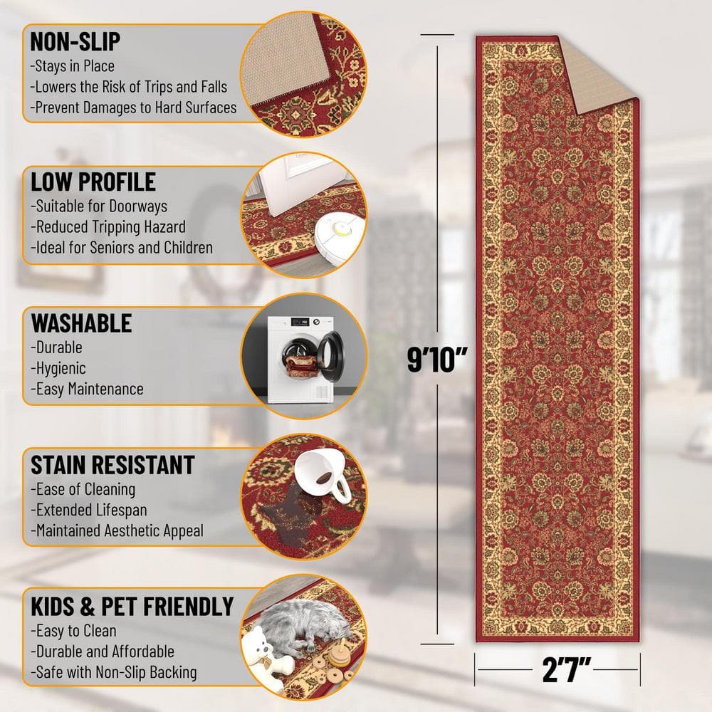 Dark Red Floral Non-Slip Synthetic Runner Rug