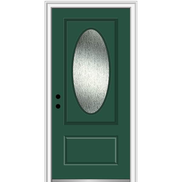 MMI Door 36 in. x 80 in. Right-Hand/Inswing Rain Glass Hunter Green Fiberglass Prehung Front Door on 4-9/16 in. Frame
