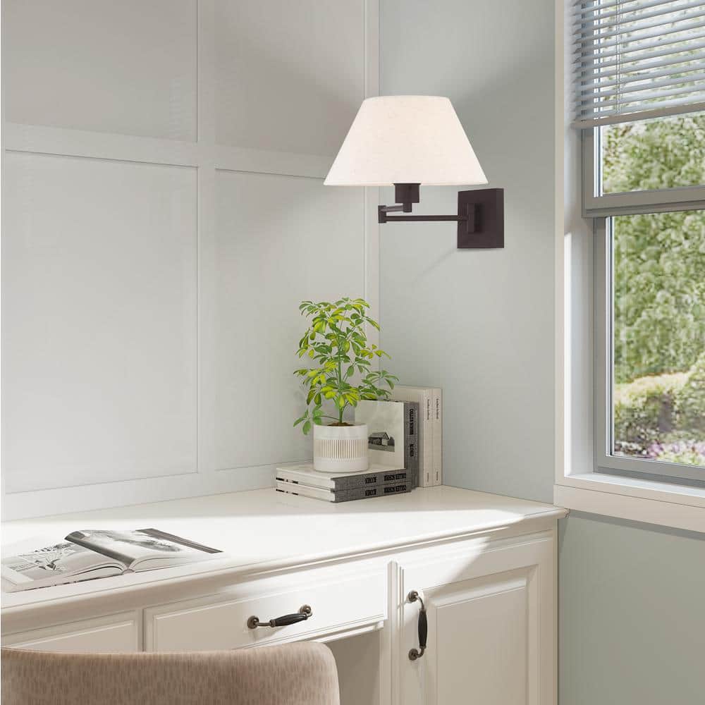 Bronze Finish Swing Arm Wall Lamp with Oatmeal Fabric Shade