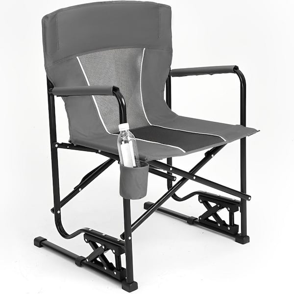 Unbranded Metal Folding Outdoor Lawn Chair, Rocker Camping Chair Rocking Chair w/ Durable Armrests, Drink Holder, Backrest in Gray