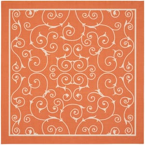 Home and Garden Orange 5 ft. x 5 ft. Bordered Transitional Indoor/Outdoor Square Area Rug