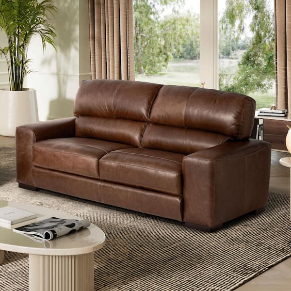 Furniture of America Mechler 85.75 in. Wide Square Arm Leather Rectangle Sofa in. Cognac