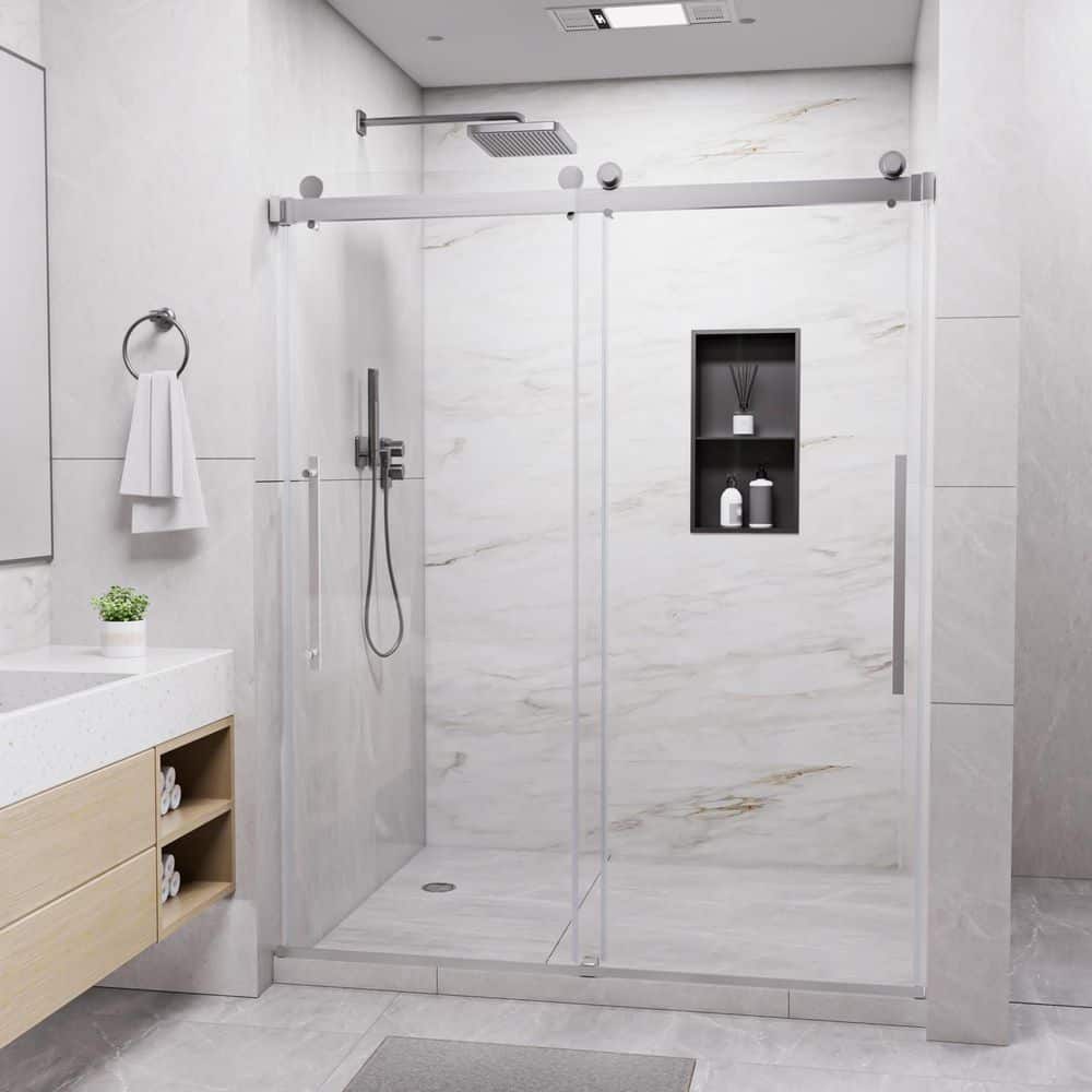 54 in.-60 in. W x 76 in. H Sliding Frameless Shower Door in Brushed Nickel Finish with Tempered Clear Glass price history on PriceWatchPro