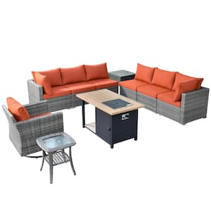 Messi Gray 10-Piece Wicker Outdoor Fire Pit Patio Conversation Sofa Set with a Swivel Chair and Orange Red Cushions