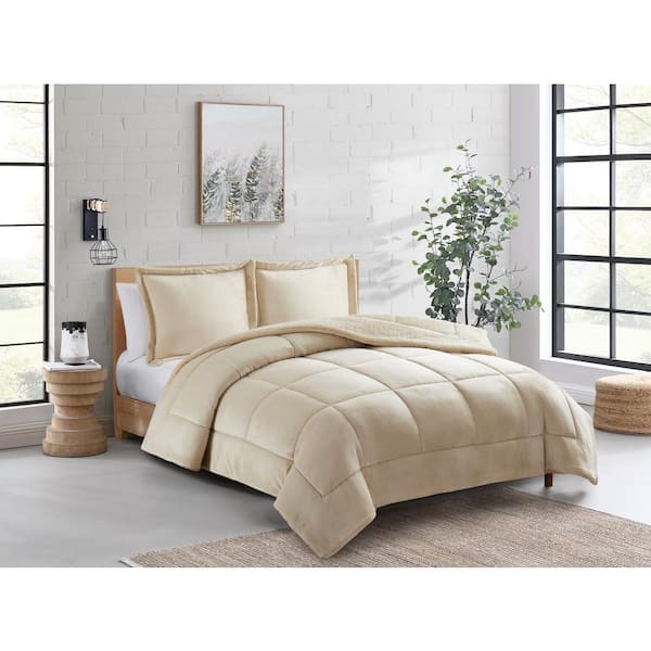 Sweet Home Collection Dante 3-Piece Solid Fleece Sherpa Super Soft Comforter Set, King, Beige