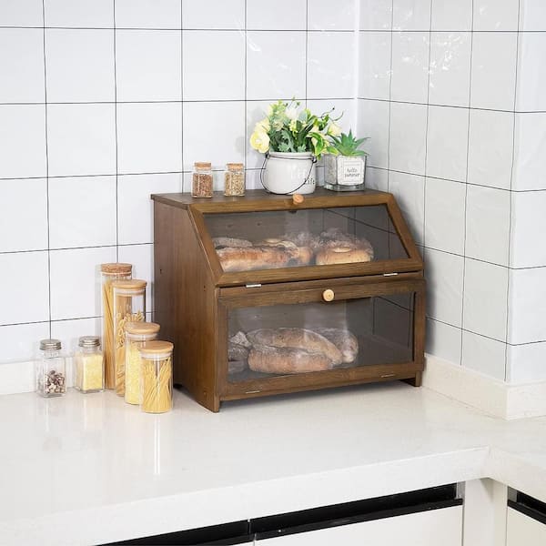 Adrinfly 1-Piece Double Layer Bread Box for Kitchen Counter, Wooden Large Capacity Bread Storage Bin (Brown)