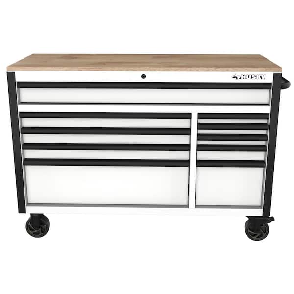 Standard-Duty 52 in. W 10-Drawer Matte White Mobile Workbench Cabinet with Solid Wood Top