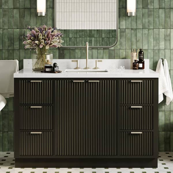 Milan 54 in. W x 21.5 in. D x 36 in. H Single Sink Freestanding Bath Vanity in Black with Carrara White Quartz Top
